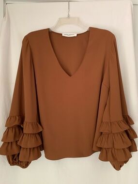 Amanda Uprichard hazelnut brown 'Junie Top' with tiered ruffle sleeves